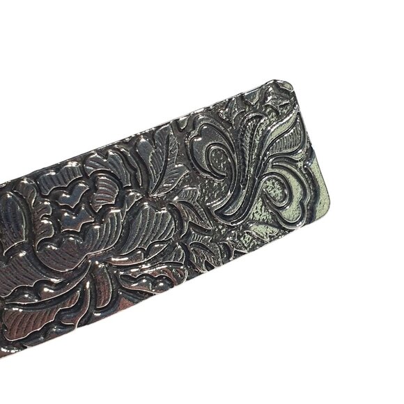 Hair Clip Silver Tone Floral Engraved Metal Bar Barrette Pony Tail Girl Gift - Picture 2 of 4